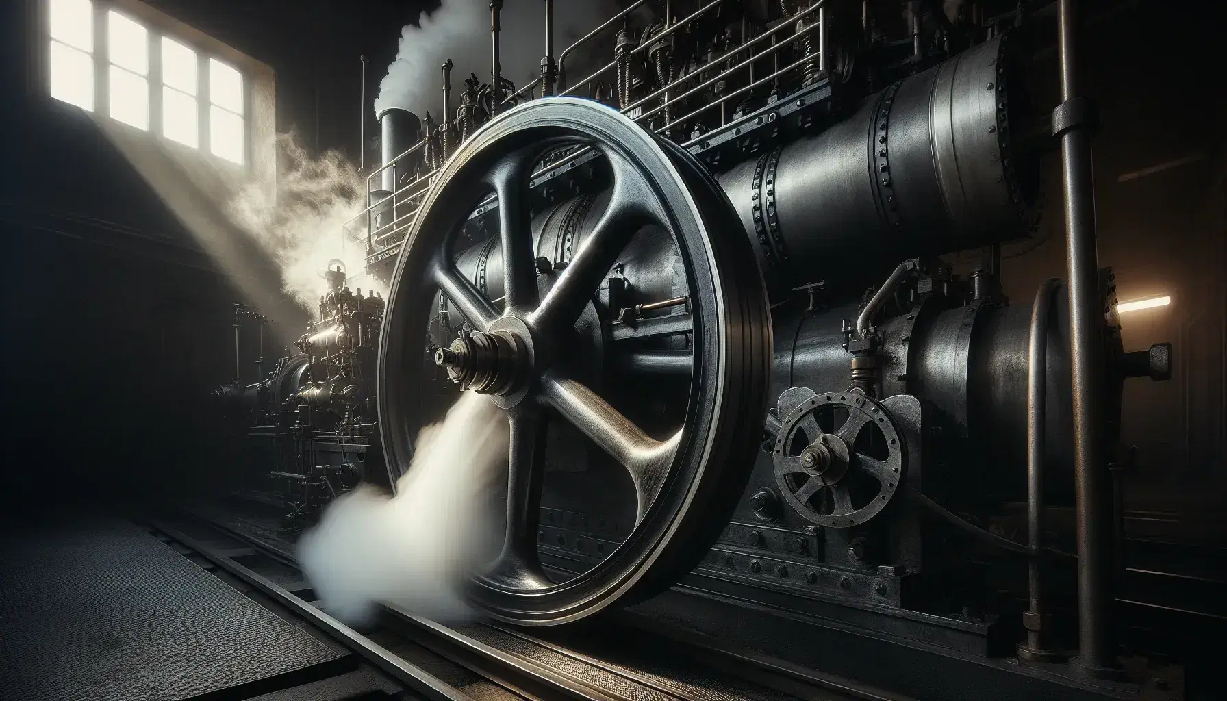 Antigua locomotora de vapor en funcionamiento con rueda metálica negra y pistón plateado, rodeada de vapor sobre fondo desenfocado.