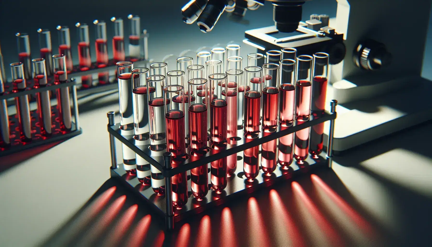 Tubos de ensayo de vidrio con líquidos en tonos rojizos en gradiente en soporte metálico, con un microscopio desenfocado al fondo, en un laboratorio.