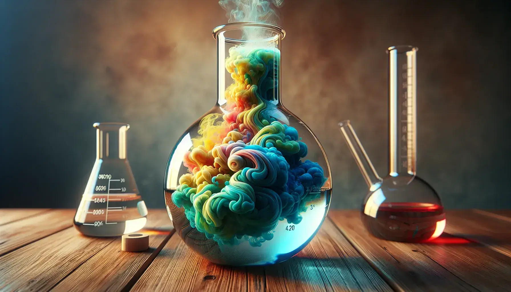 Colorful chemical reaction in a glass flask on wooden laboratory bench, flanked by beakers and graduated cylinder with liquids.