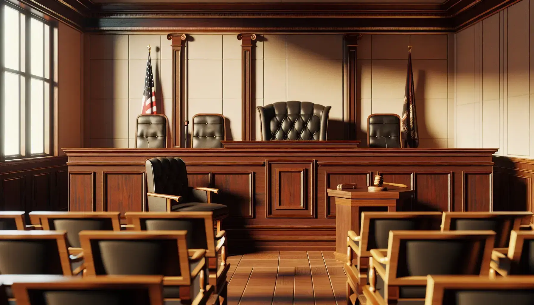 Traditional courtroom with dark wooden judge's bench, witness seat, jury of twelve chairs and two flags in the background.