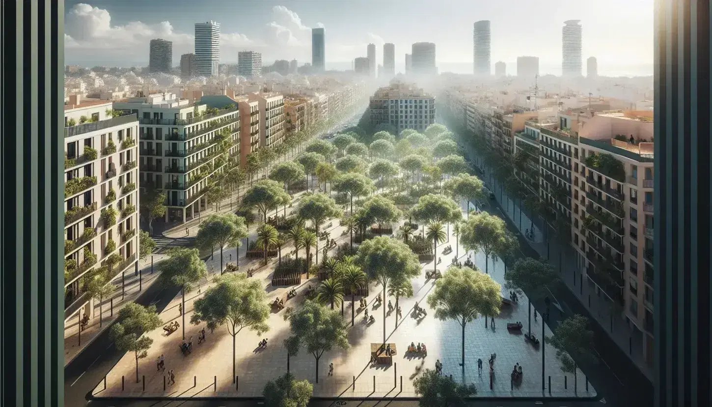Vista panorámica de Valencia con árboles frondosos, bancos de madera y edificios pastel, reflejando la integración de espacios verdes y arquitectura urbana bajo un cielo despejado.