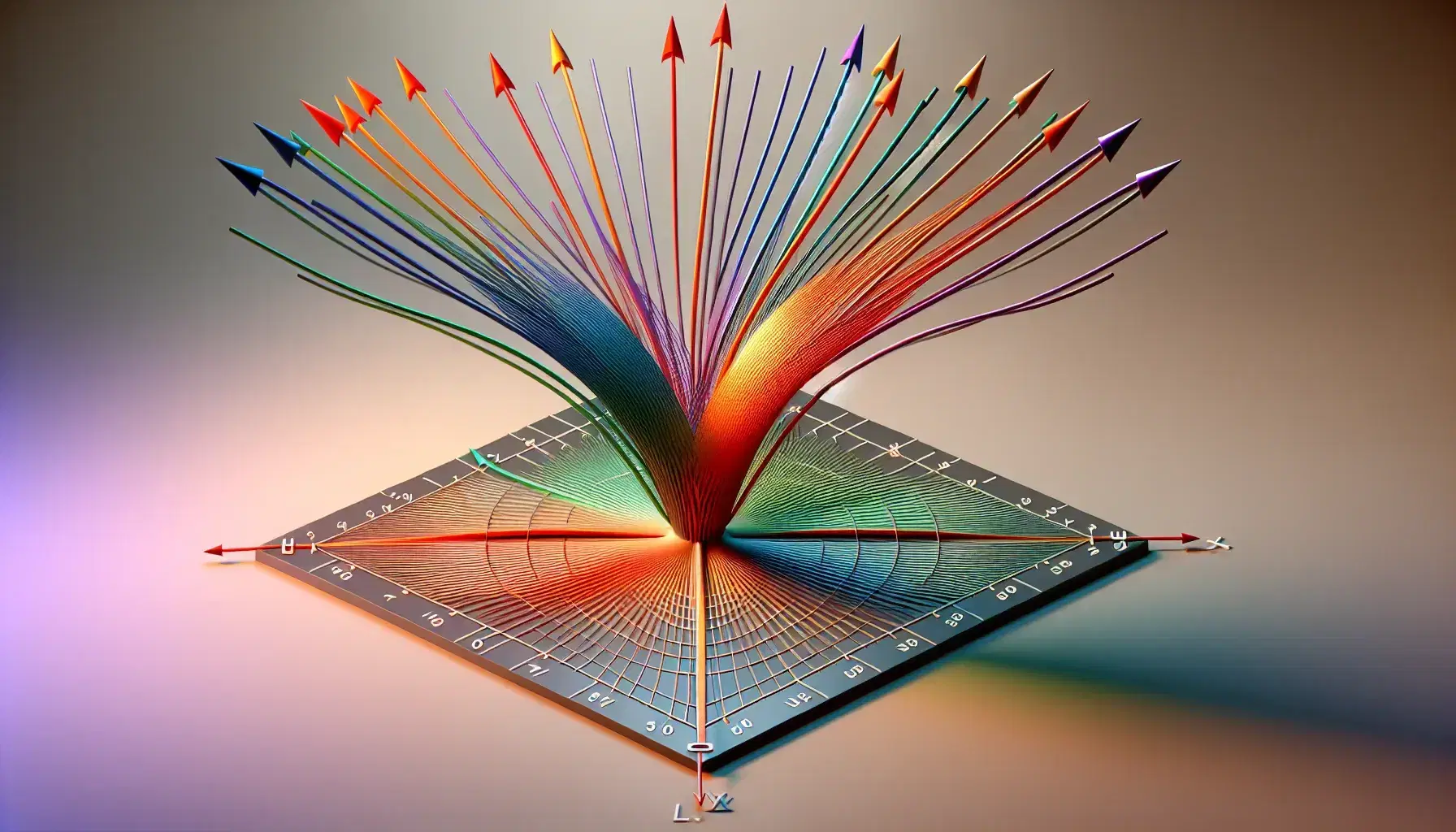 Three-dimensional coordinate system with multicolored vectors emanating from the origin, showcasing x, y, and z axes in red, green, and blue respectively, against a gray background.