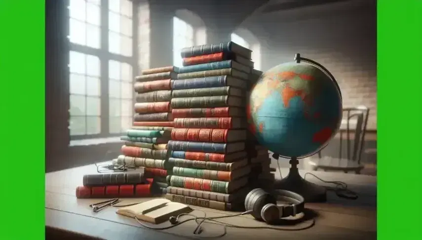 Libri impilati in modo disordinato con copertine colorate, un mappamondo senza scritte e cuffie con microfono su sfondo illuminato da una finestra.
