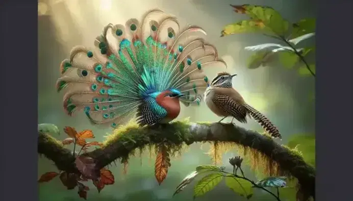 Pareja de aves en cortejo, macho con plumaje iridiscente desplegado y hembra observando, en un entorno natural con vegetación verde difuminada.