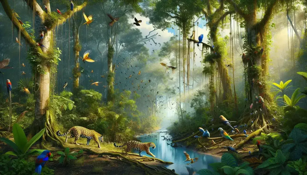 Jaguar amarillo con manchas negras camina en selva tropical mexicana con árboles frondosos, lianas, río serpenteante y aves coloridas bajo un cielo azul.