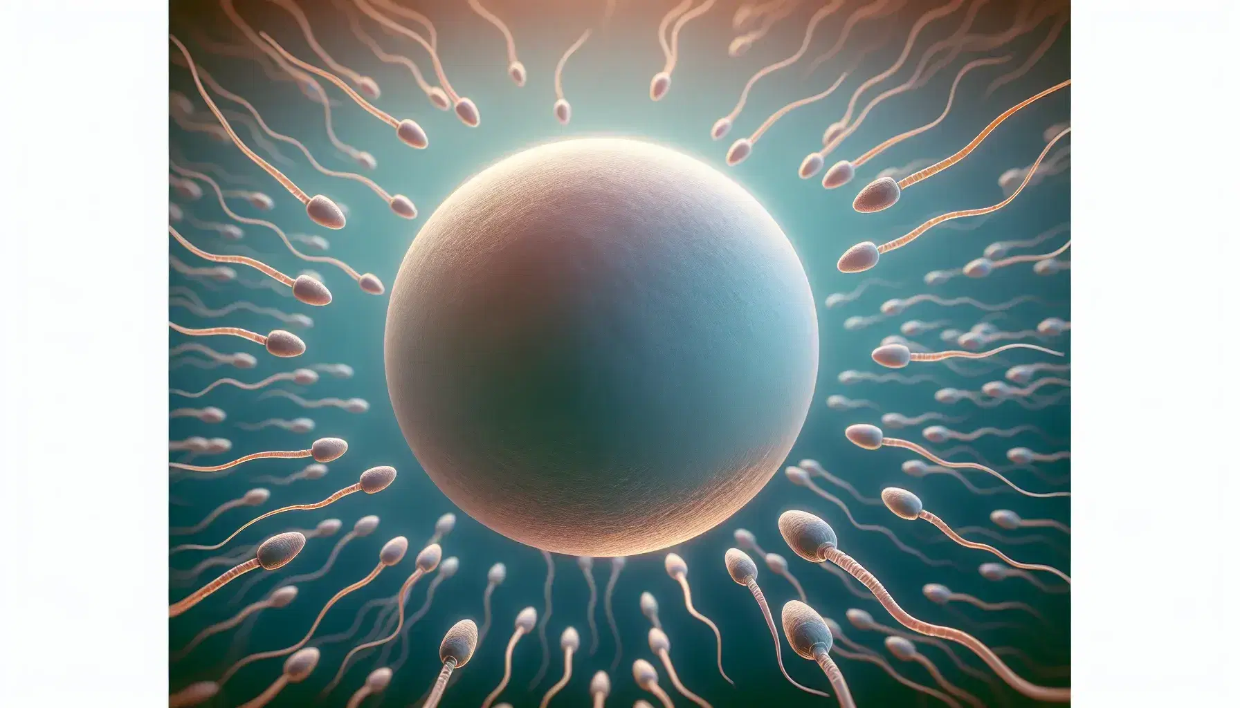 Óvulo humano rodeado de espermatozoides en proceso de fecundación, destacando la gran esfera central y las colas curvadas de los espermatozoides en un fondo azul gradiente.