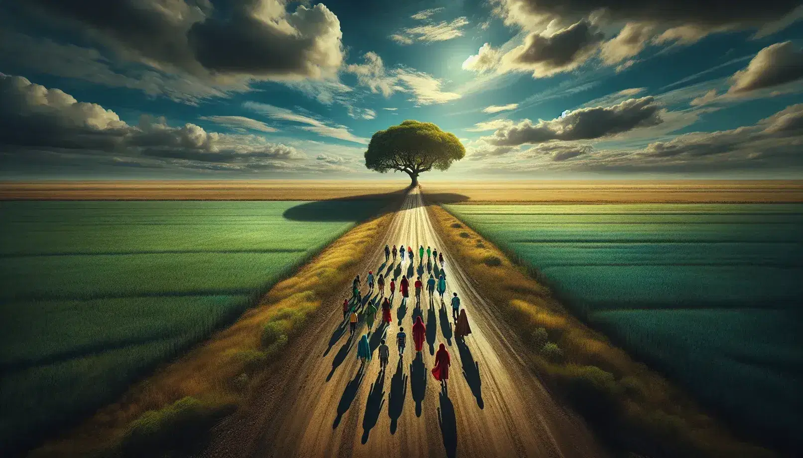Paisaje natural abierto con camino de tierra, árbol solitario y grupo de personas caminando bajo cielo azul con nubes dispersas.