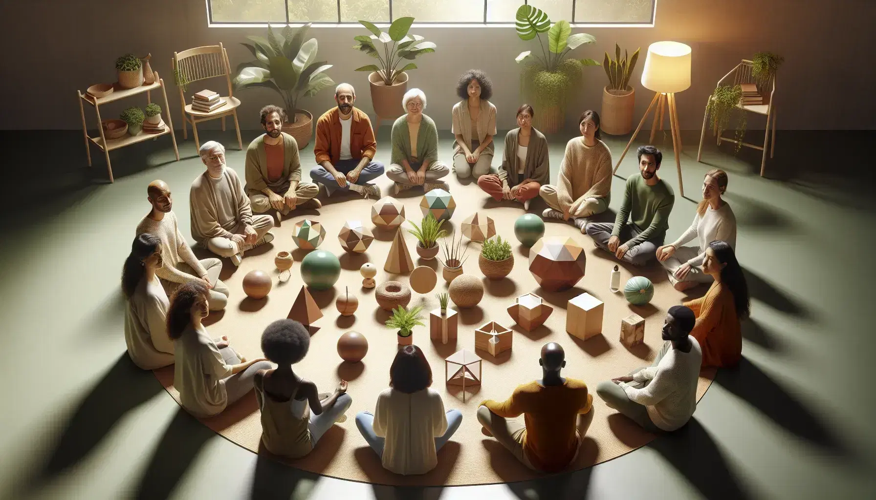 Grupo diverso de personas en círculo con objetos geométricos en el centro, en un ambiente sereno con iluminación suave y decoración minimalista.