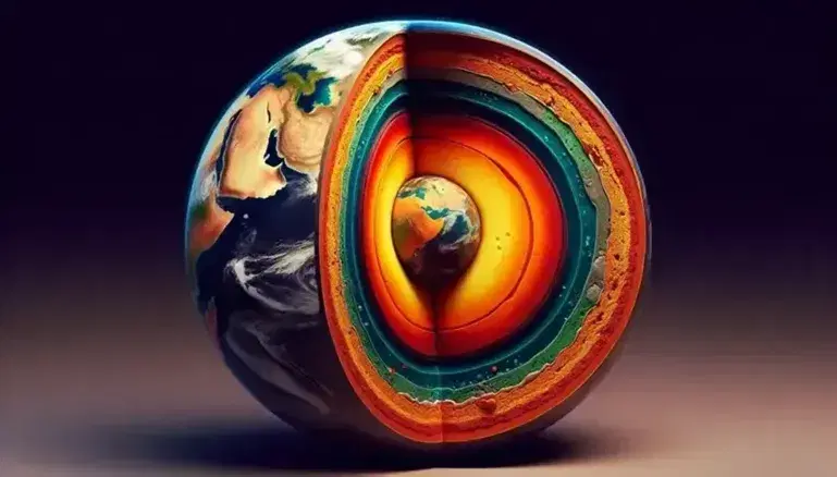 Sección transversal esférica de la Tierra mostrando capas internas: núcleo interno sólido, núcleo externo líquido, manto semi-sólido y corteza terrestre con tonos de tierra y agua.