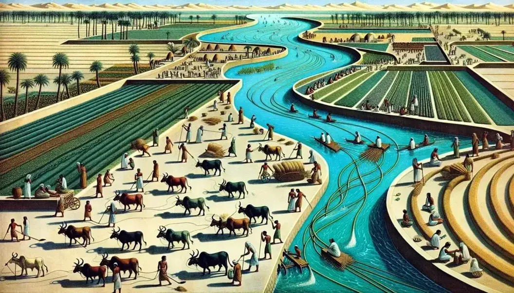 Scena di vita agricola nell'antico Egitto con contadini al lavoro, canali di irrigazione e mercato all'aperto lungo il fiume Nilo.