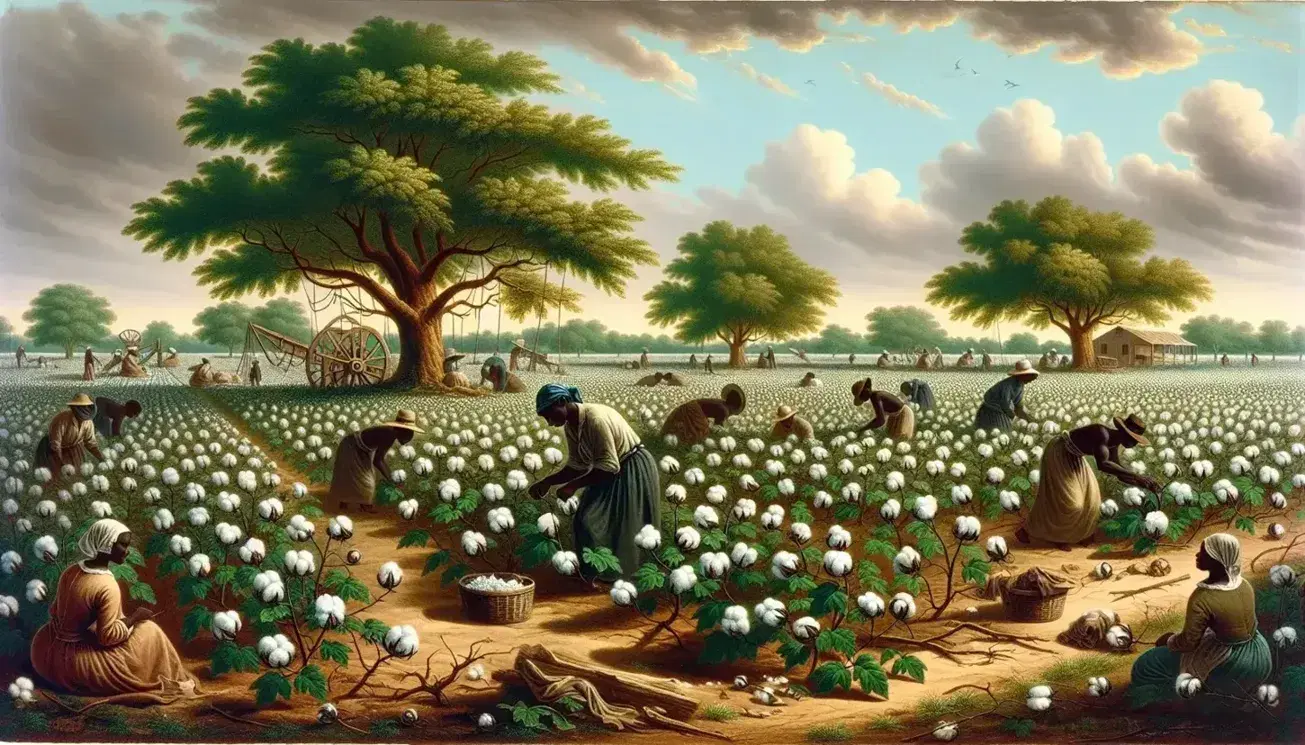 Campo di cotone pre-Guerra Civile Americana con schiavi al lavoro, piante in fiore, grande albero e recinto di legno.