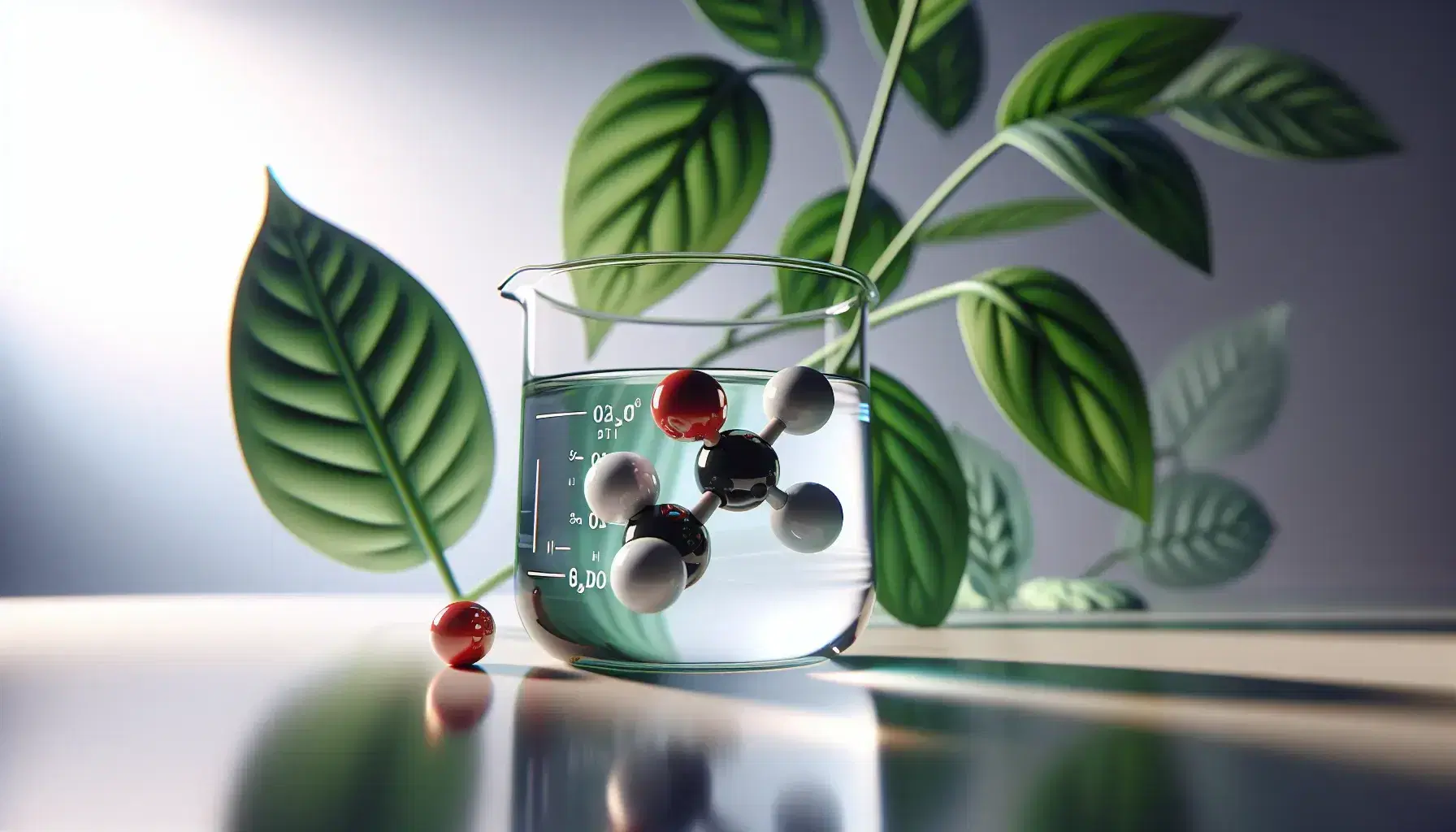 Glass beaker with transparent liquid, molecular model with carbon, oxygen and hydrogen atom, blurry green plant in the background.