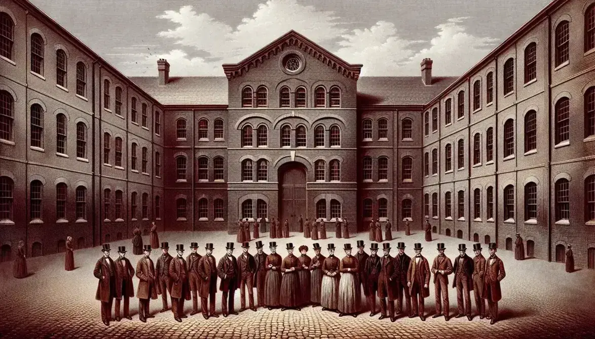 Victorian-era workhouse with weathered red bricks and arched windows, diverse people in 19th-century garb in a cobbled courtyard under a gray sky.