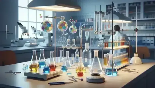 Laboratorio de química orgánica con matraces Erlenmeyer de líquidos coloridos, embudo de separación, balanza analítica y frascos de reactivos, junto a un científico pipeteando concentrado.
