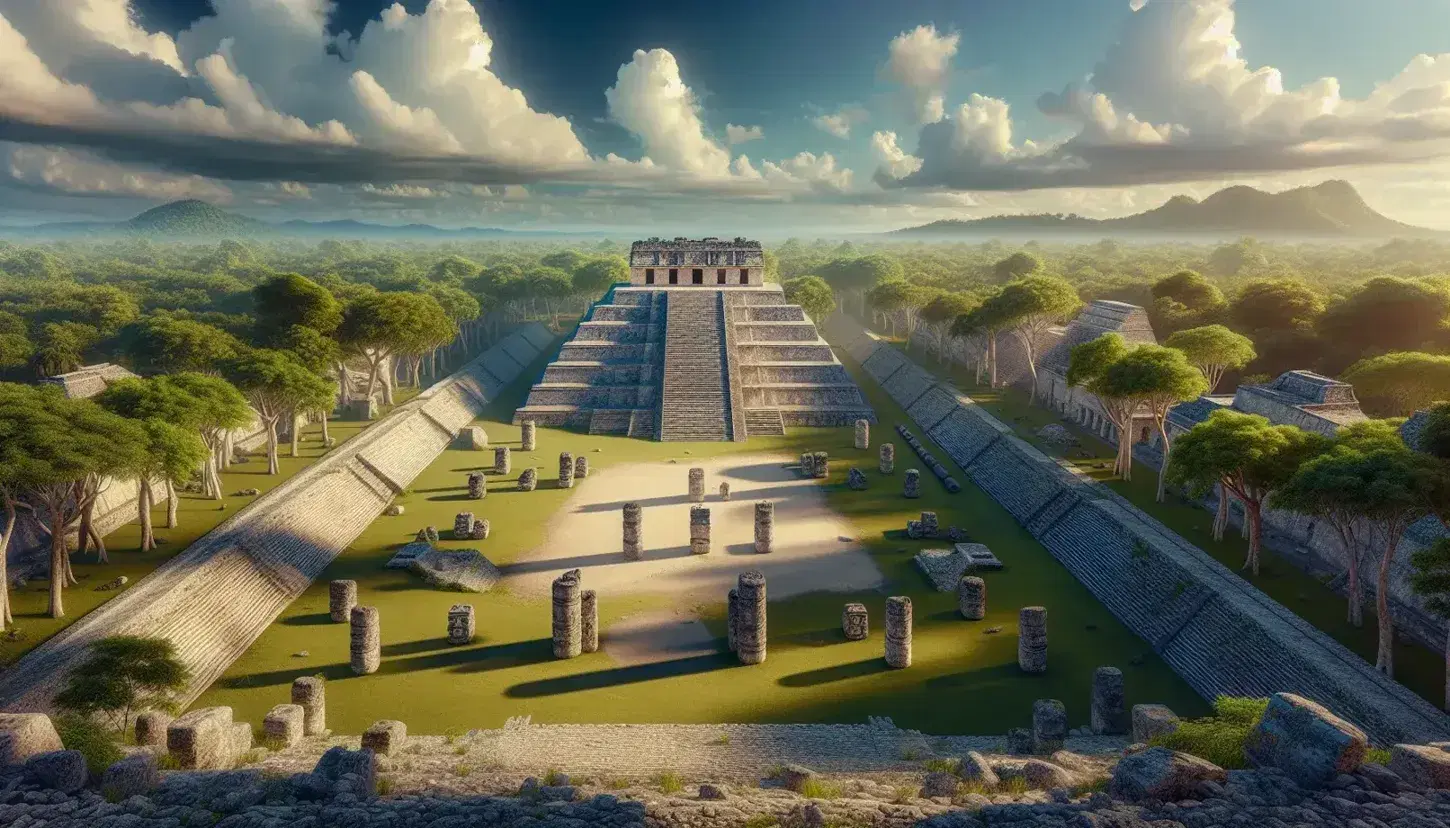 Vista panorámica de ruinas mayas con pirámide escalonada central, campo de juego de pelota y estelas de piedra entre vegetación bajo cielo parcialmente nublado.