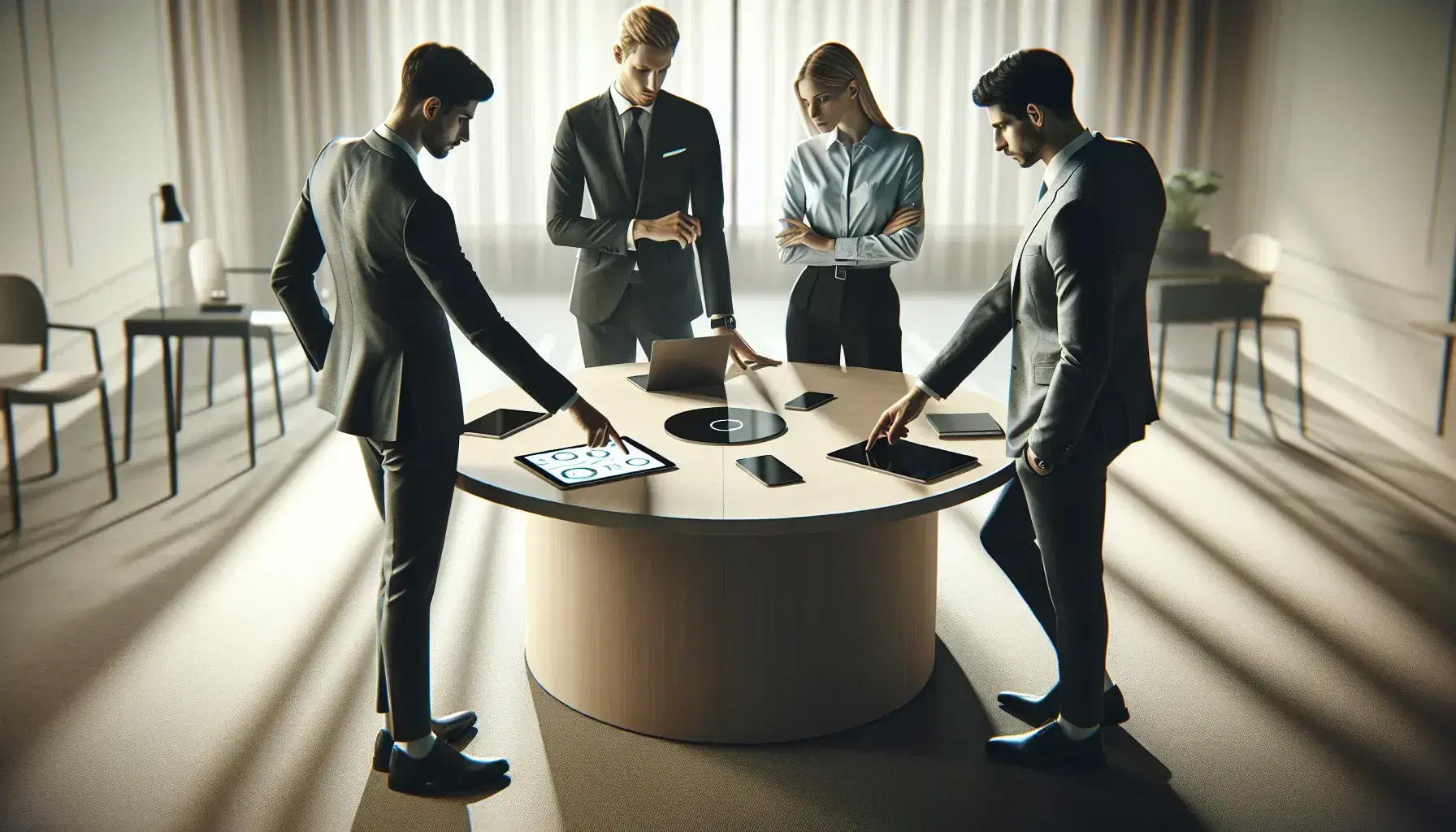 Cuatro profesionales colaborando en una oficina con un tablet y un portátil sobre una mesa redonda, vestidos con trajes oscuros y camisas claras.