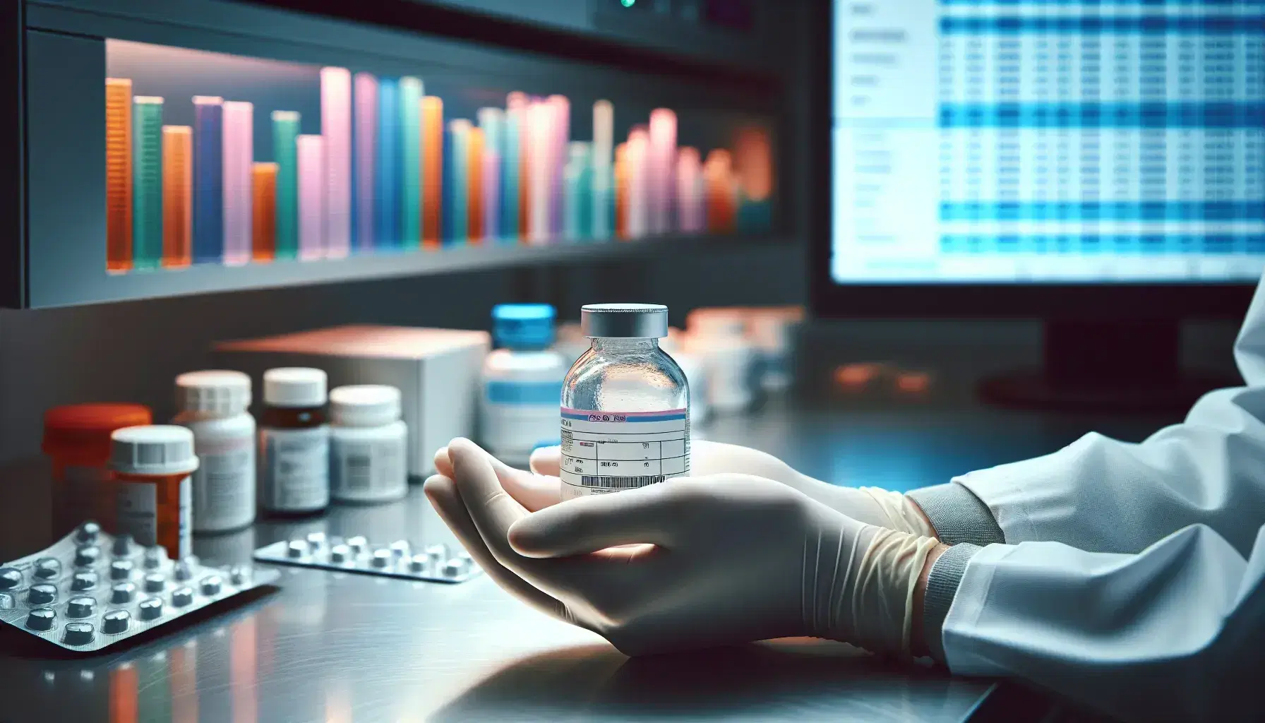 Manos con guantes sosteniendo botella de medicina transparente con tapa blanca en laboratorio farmacéutico, con estantes de medicamentos desenfocados y gráficos en monitor al fondo.