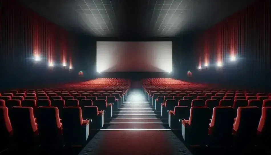 Sala cinematografica vuota con file di sedili rossi che conducono a uno schermo bianco illuminato, atmosfera di attesa, senza persone.