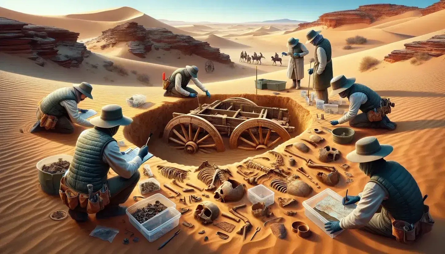 Scavo archeologico nel deserto con resti di carro da guerra antico e quattro archeologi al lavoro sotto il sole intenso.