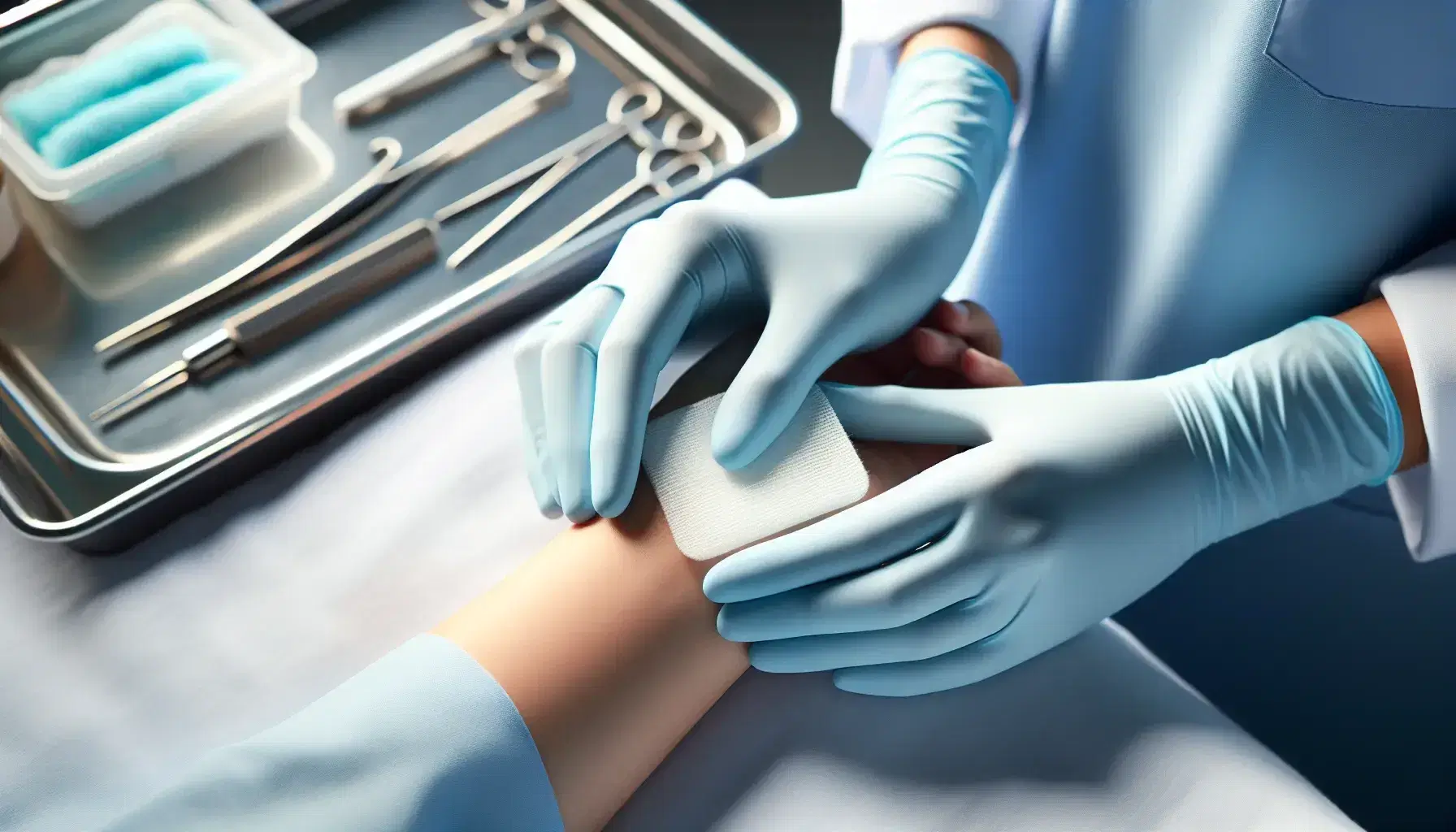 Manos de enfermera con guantes azules aplicando apósito estéril en herida superficial de antebrazo, con instrumental médico desenfocado al fondo.