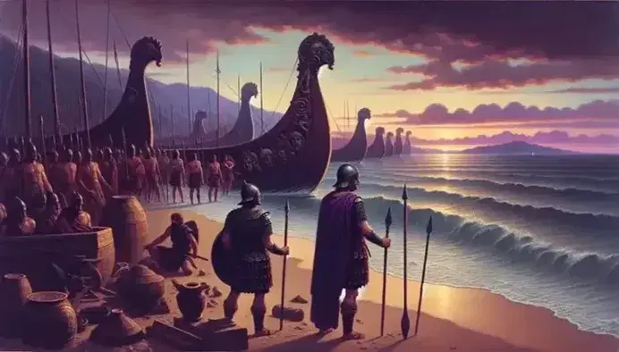 Tramonto su spiaggia con flotta di antiche navi da guerra, guerrieri in armatura osservano l'entroterra, riflessi arancioni e viola del cielo sul mare.