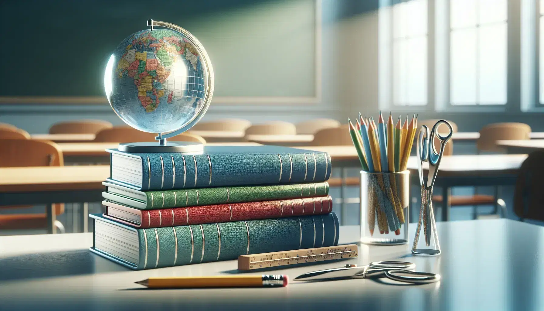 Stack of multicolored textbooks with a glass globe on top beside school supplies including a pen, pencil, scissors, and ruler, in a classroom setting.