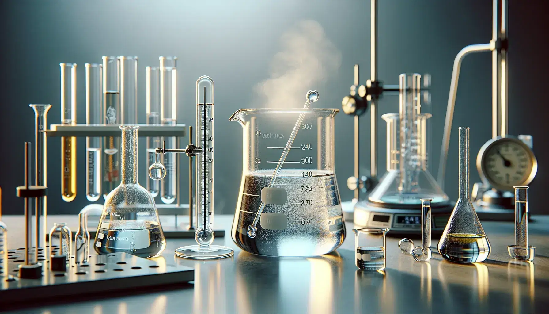 Laboratorio scientifico con becher, termometro, cilindro graduato con liquido blu, provette colorate e bilancia analitica.