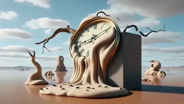 Orologi morbidi e deformati in un paesaggio desertico surreale con cielo nuvoloso, riflessi su acqua calma e circondati da formiche.