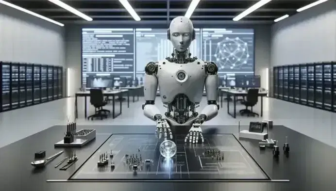 Robot umanoide in laboratorio di ricerca tecnologica manipola sfera trasparente su tavolo con strumenti elettronici, sfondo con schermi e grafici sfocati.