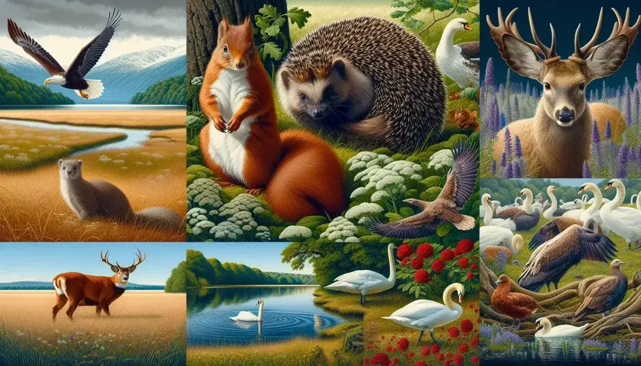 Collage of French wildlife with a hedgehog, red squirrel, white-tailed eagle, roe deer, mute swans, and a chamois in diverse natural landscapes.