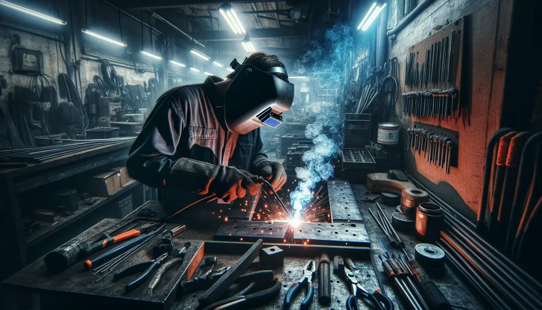 Taller de soldadura activo con soldador en equipo de protección trabajando en la fusión de metales, chispas naranjas volando y herramientas en banco de trabajo.