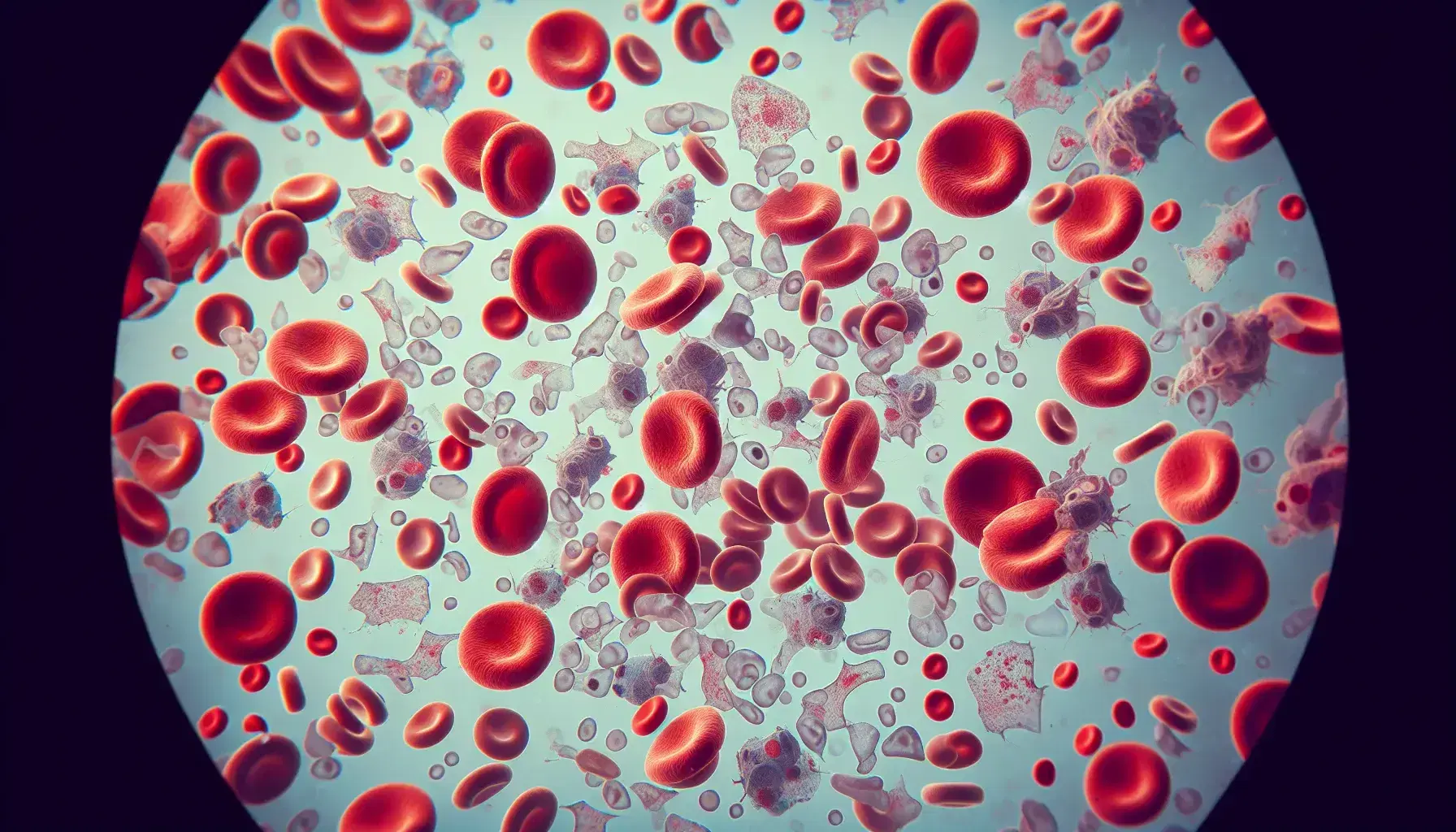 Vista microscópica de células sanguíneas humanas con eritrocitos rojos, leucocitos blancos y plaquetas sobre fondo azul claro de plasma.