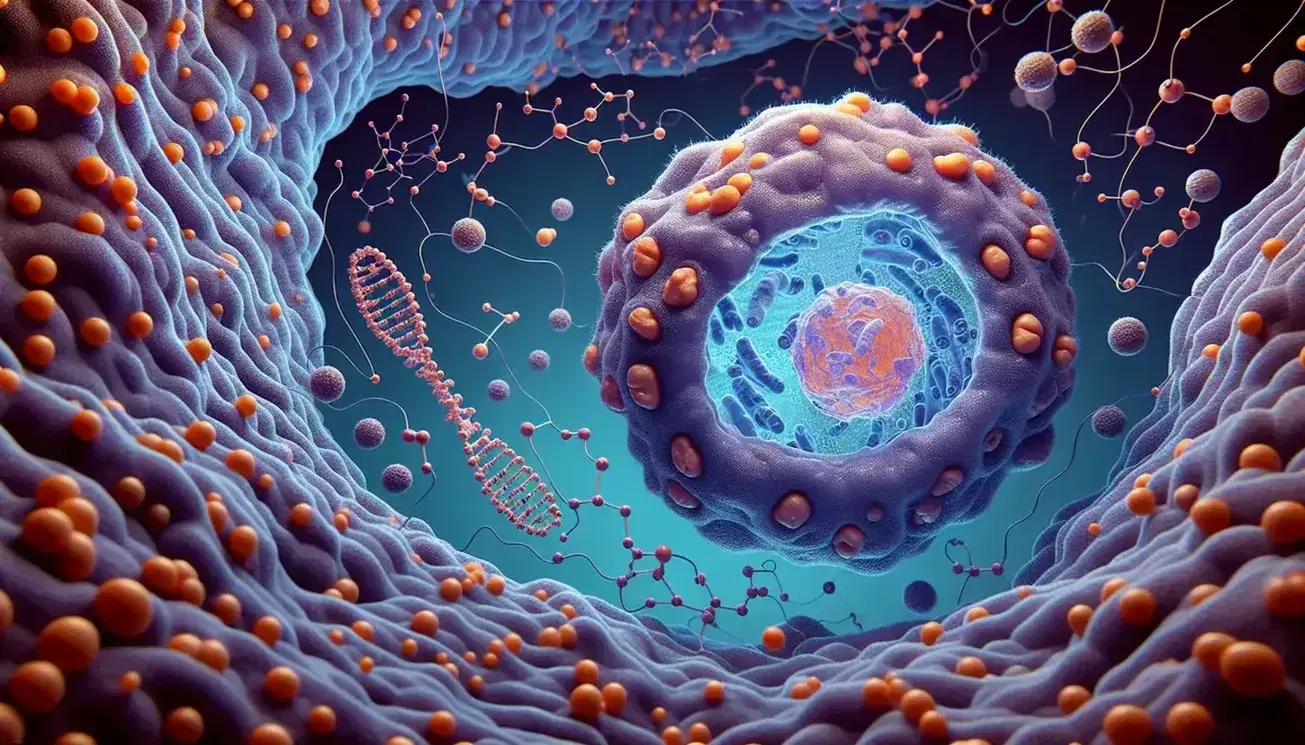Vista microscópica de célula eucariota con citoplasma azul y mitocondrias naranja-rojas, rodeada de citoesqueleto y enzima morada en 3D flotante.