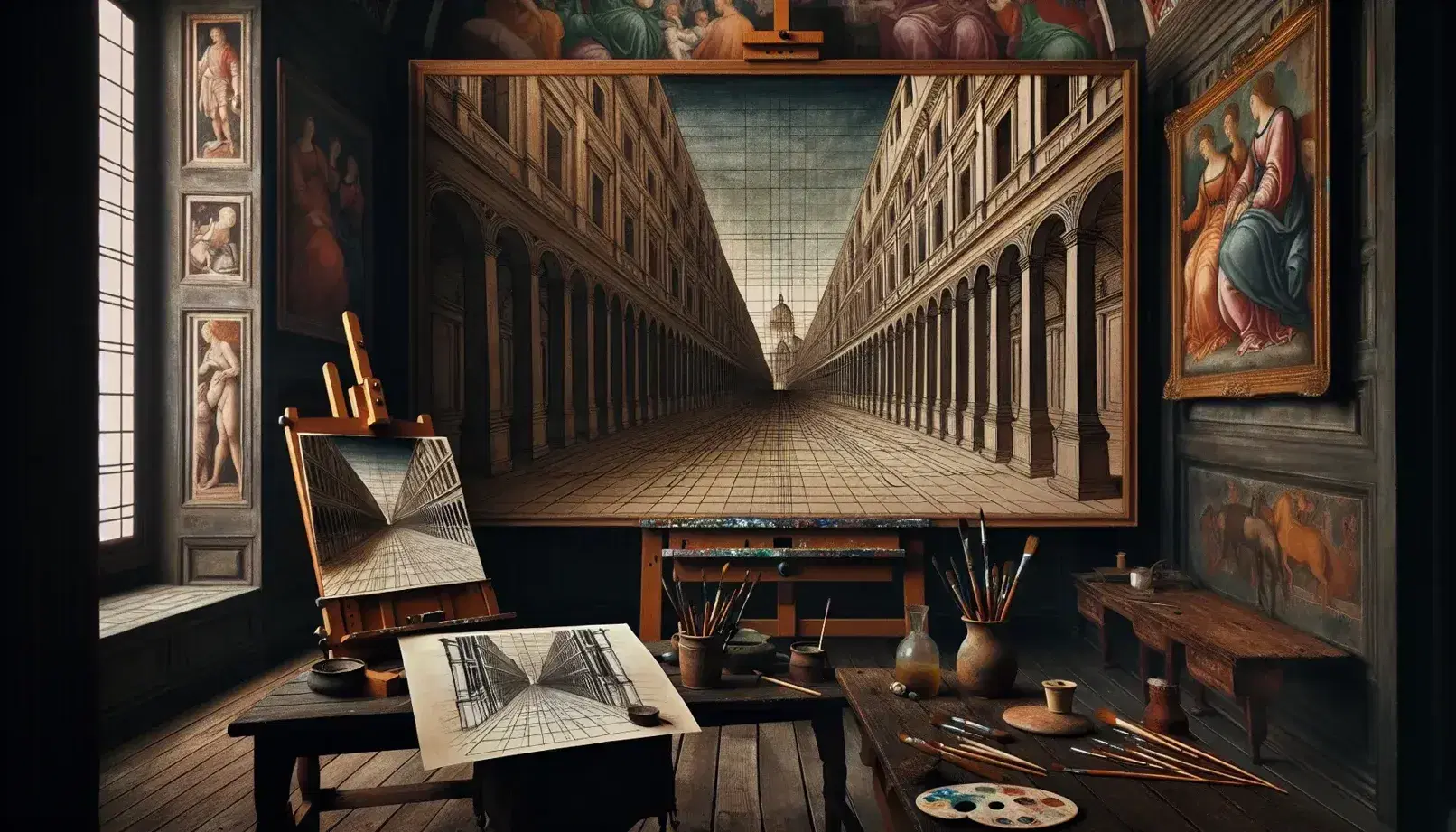 Studio rinascimentale con cavalletto e dipinto in progresso, strumenti d'artista su tavolo e schizzi di prospettiva appoggiati alla parete.