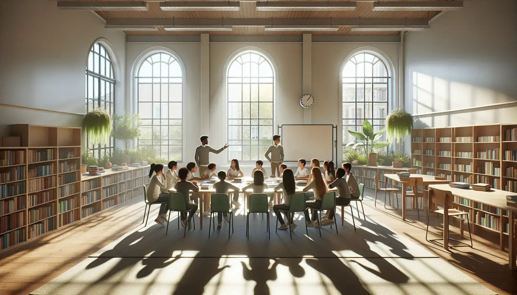 Aula espaciosa y luminosa con estudiantes diversos sentados en mesa redonda discutiendo y un profesor atento al frente, estanterías con libros y plantas al fondo.