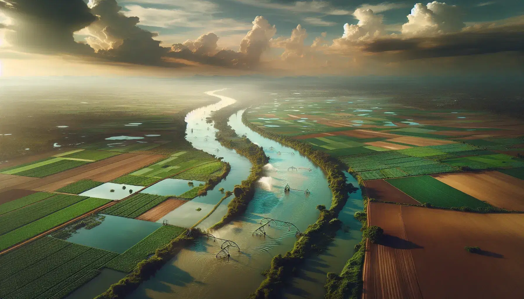 Fiume serpeggiante tra campi coltivati con sistema di irrigazione in funzione e cielo parzialmente nuvoloso riflesso nell'acqua.