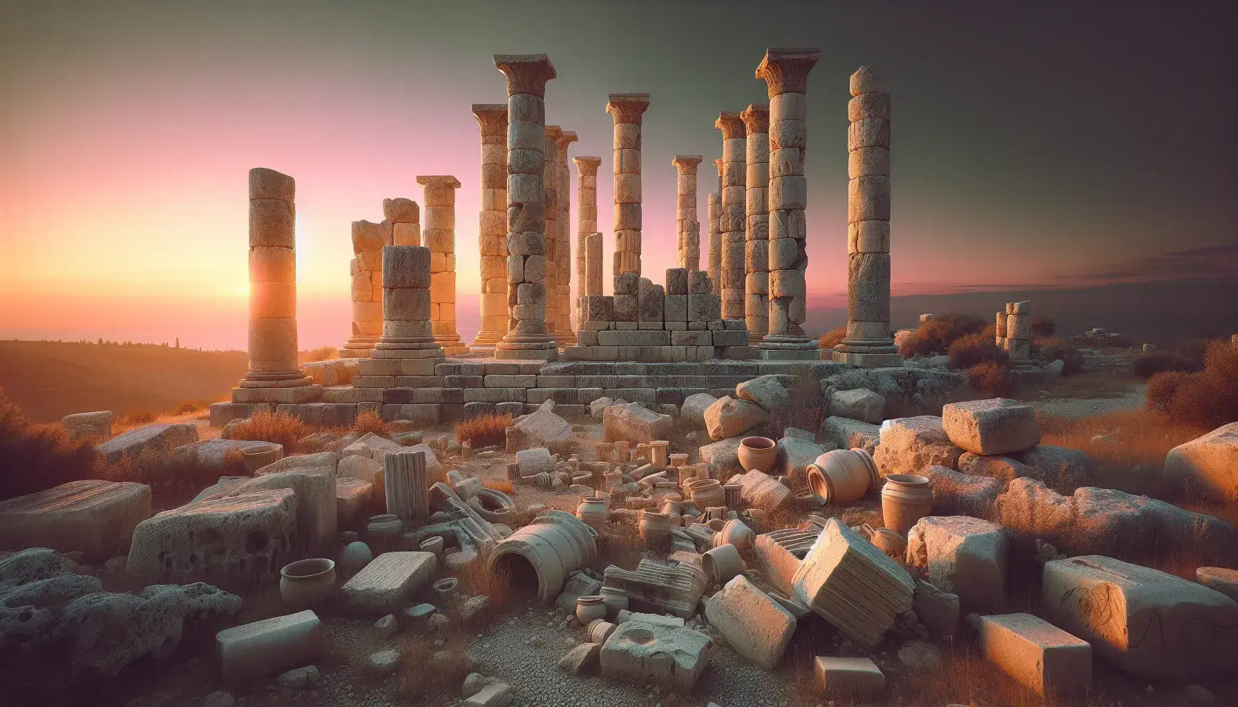 Scavo archeologico al tramonto con colonne antiche erose e frammenti di ceramica sul terreno, mano di archeologo al lavoro.