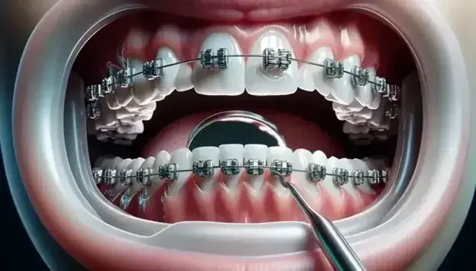 Boca abierta con frenillos metálicos fijos en dientes alineados, sin caries ni inflamación de encías, reflejando luz en un entorno clínico.