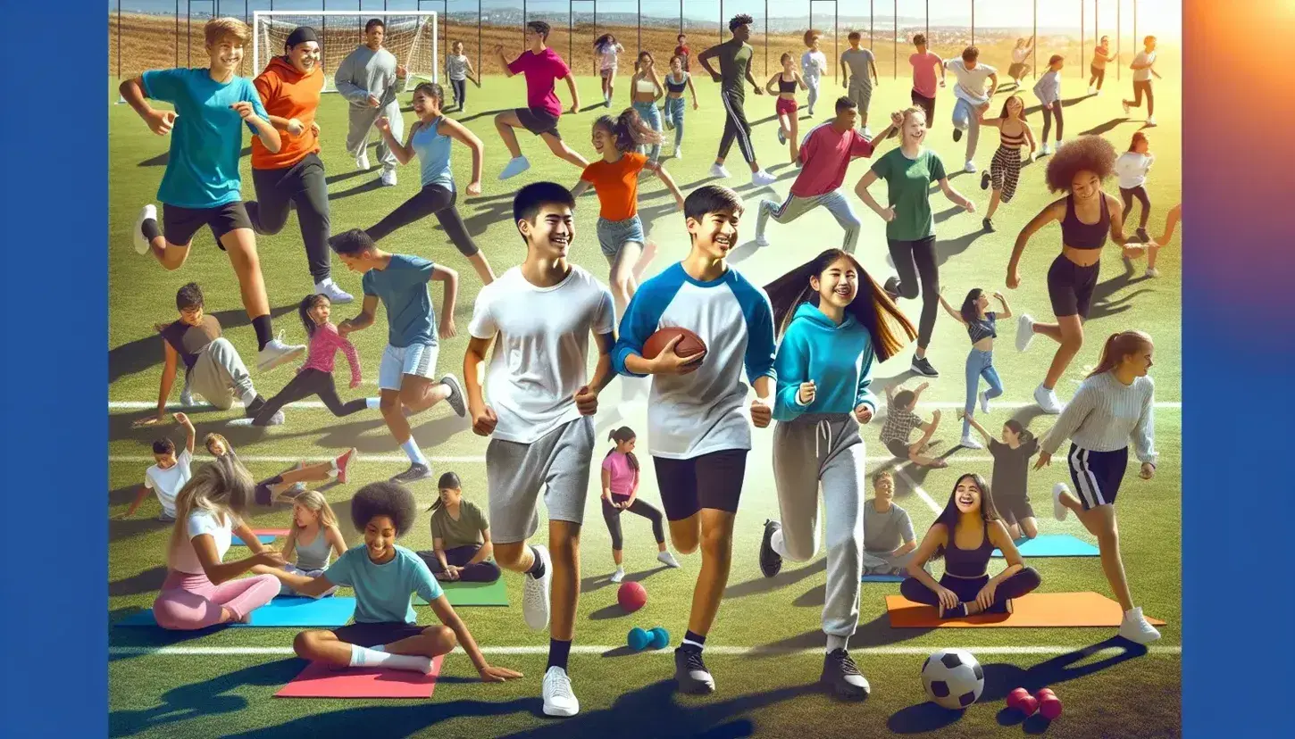 Estudiantes de diversas edades y etnias participan en actividades físicas al aire libre, corriendo y estirando en un día soleado con un partido de fútbol al fondo.