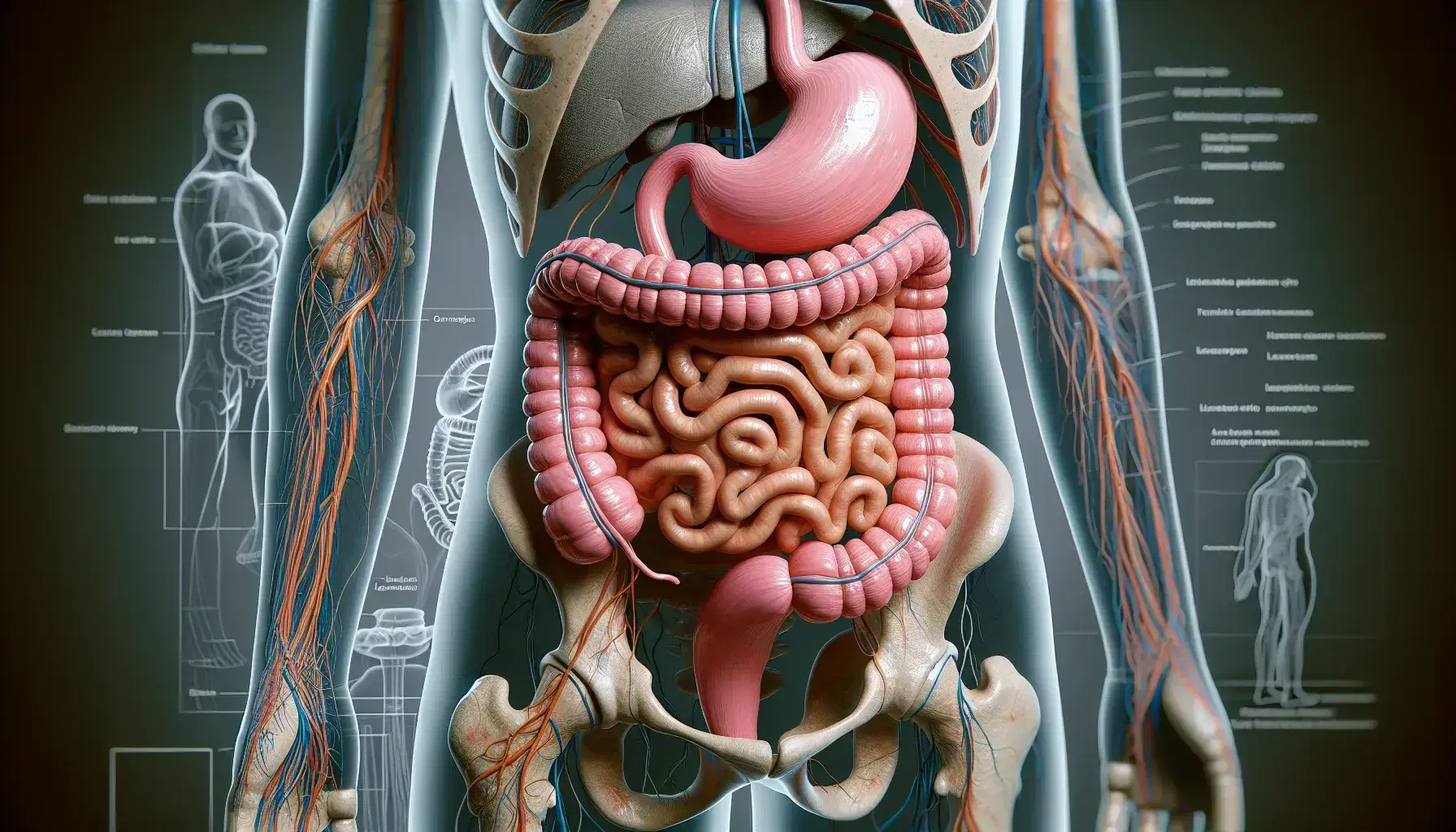 Modelo tridimensional detallado del sistema digestivo humano mostrando esófago, estómago, intestino delgado, grueso y recto en colores realistas.