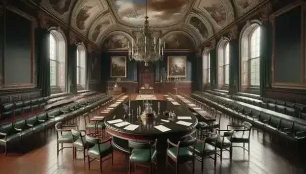 Aula storica con tavolo ovale in legno, sedie in pelle verde, carta e libri antichi, affreschi sul soffitto e quadri alle pareti.