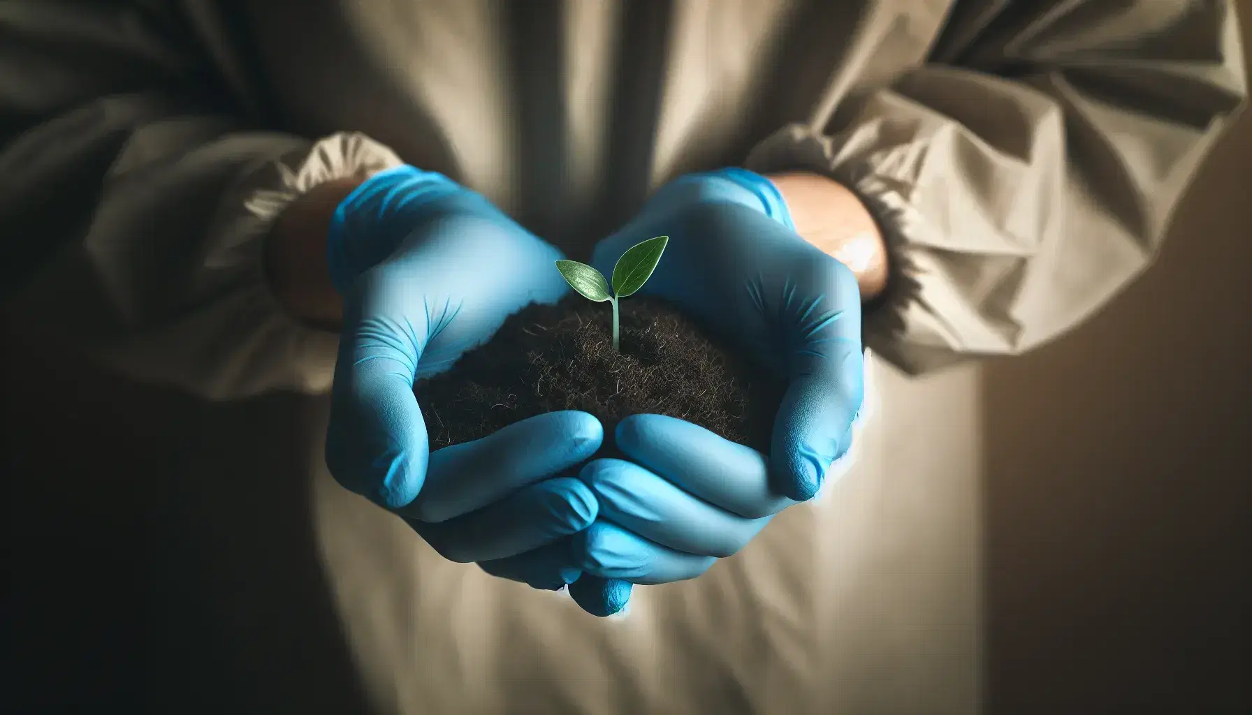 Manos con guantes quirúrgicos azules sostienen cuidadosamente un brote verde sobre tierra fértil, simbolizando crecimiento y cuidado en la agricultura o la ecología.