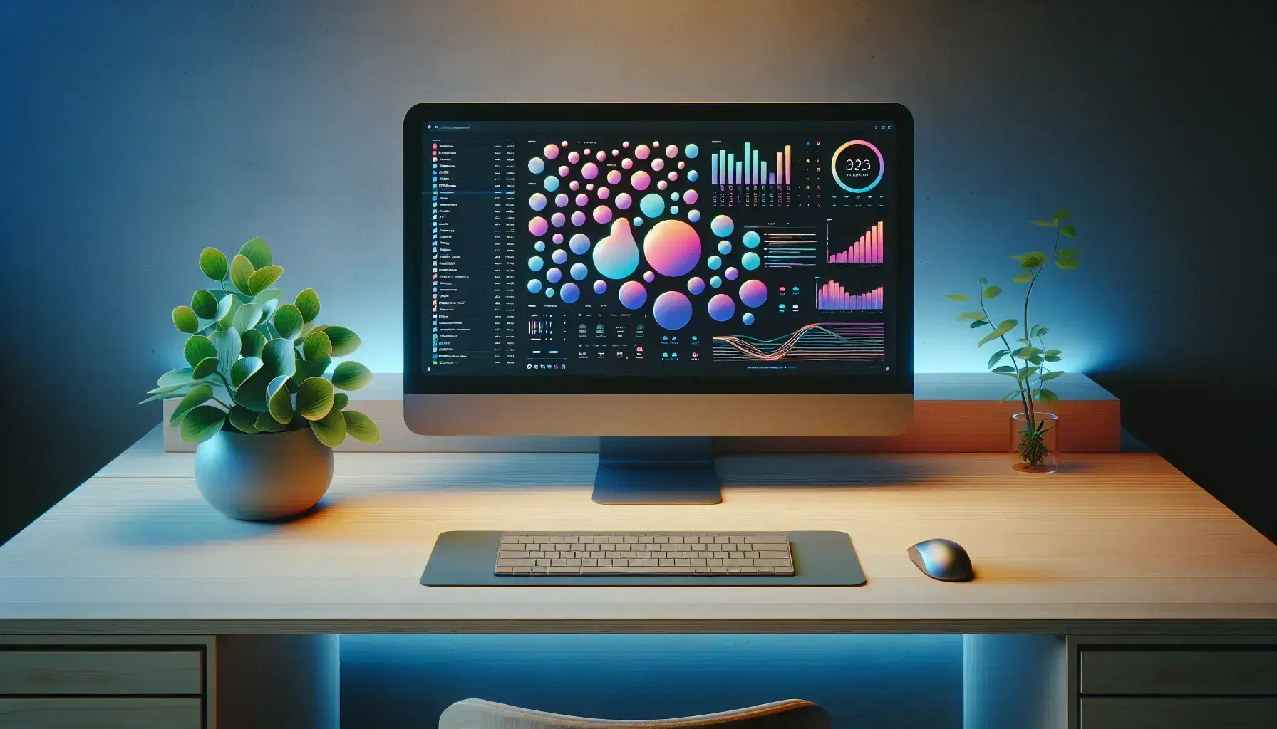 Modern office with light wooden desk, high resolution monitor, green plant, black keyboard and mouse, ergonomic chair and blurry bookcase.