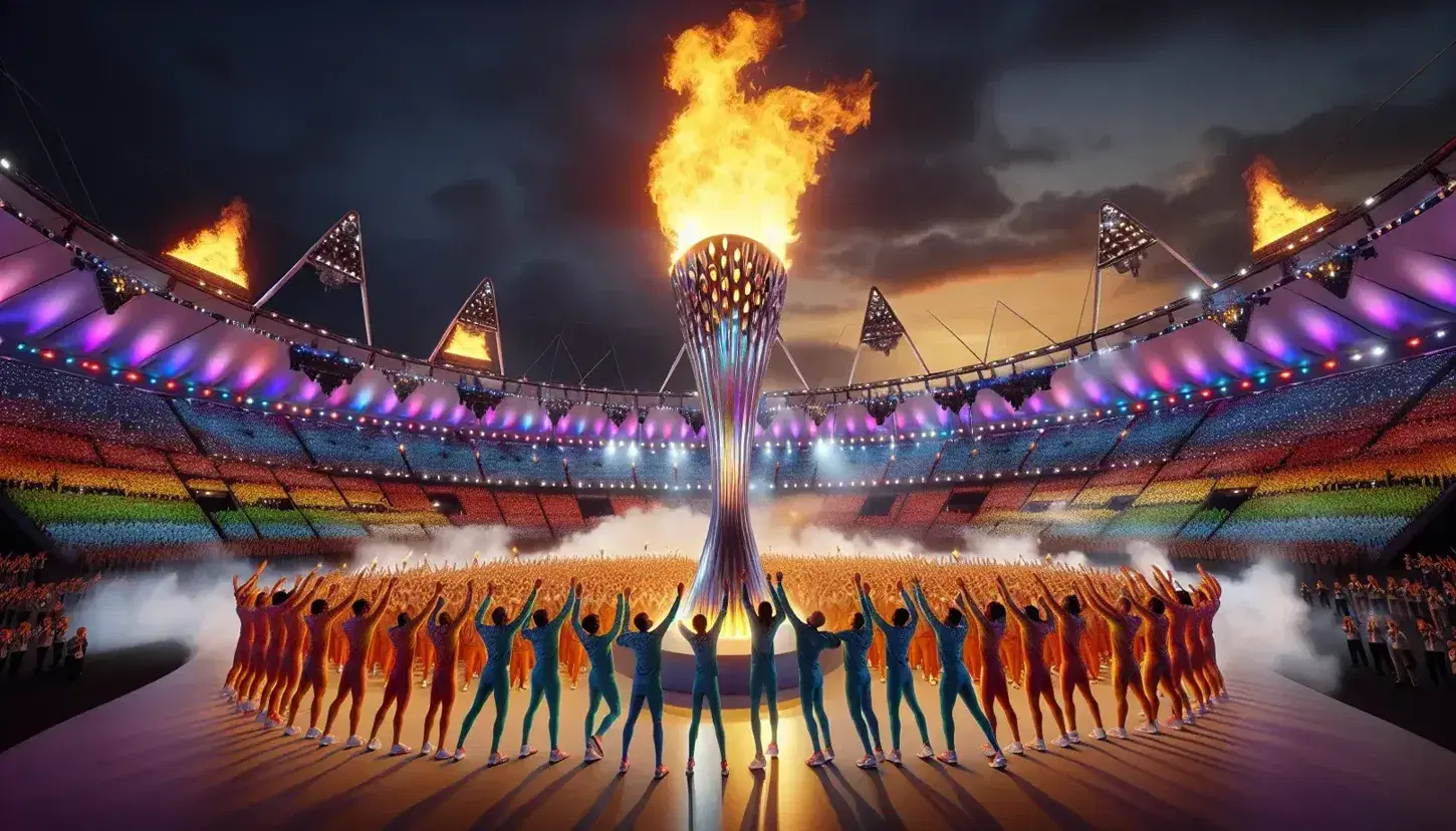 Fiamma olimpica ardente con atleti in festa e passaggio testimone tra corridore caucasico e atleta sudasiatica in stadio gremito al tramonto.