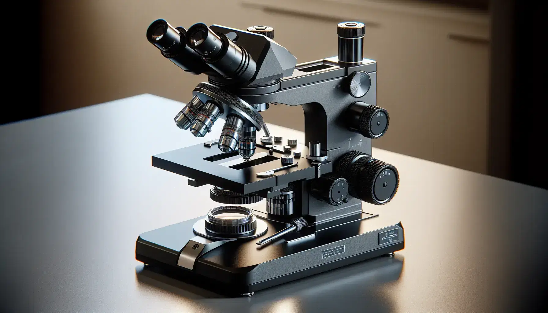 Microscopio compuesto moderno en laboratorio con base negra, brazo vertical, ocular doble, revolver con objetivos de distintas magnificaciones y platina con pinzas, enfoque y fuente de luz integrada.