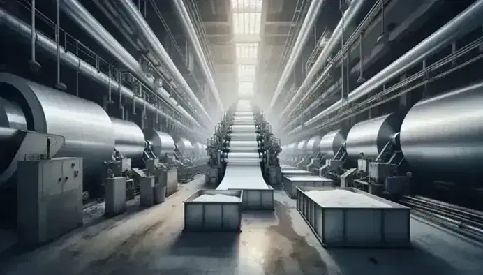 Macchinario industriale per la produzione di carta con rulli metallici e cellulosa in una cartiera, operaio in controllo.
