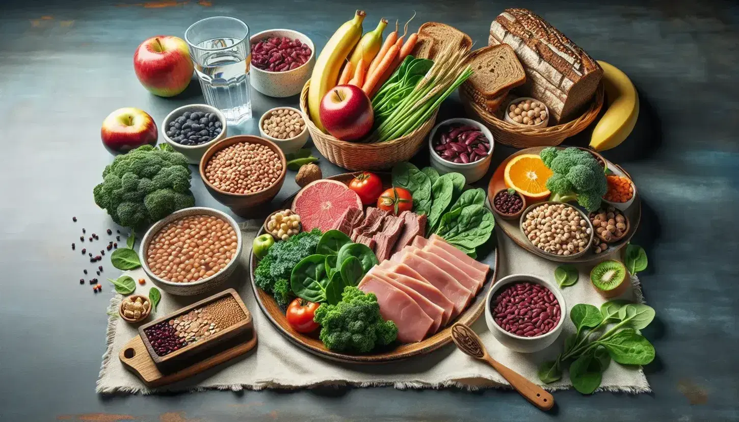 Tavola imbandita con ciotola di verdure a foglia verde, piatto di carni magre, cesto di frutta variopinta, legumi e cereali integrali, bicchiere d'acqua e succo.
