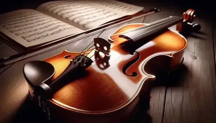Violino lucido su sfondo in legno scuro con ponticello e corde in evidenza, leggio sfocato con spartito sul retro.