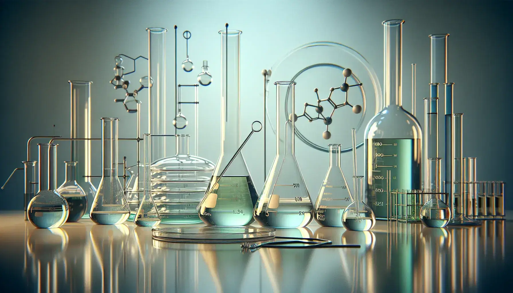 Chemistry laboratory with assortment of glassware: round bottom flask, colored erlenmeyers, rod, beakers with crystals and test tubes in racks.