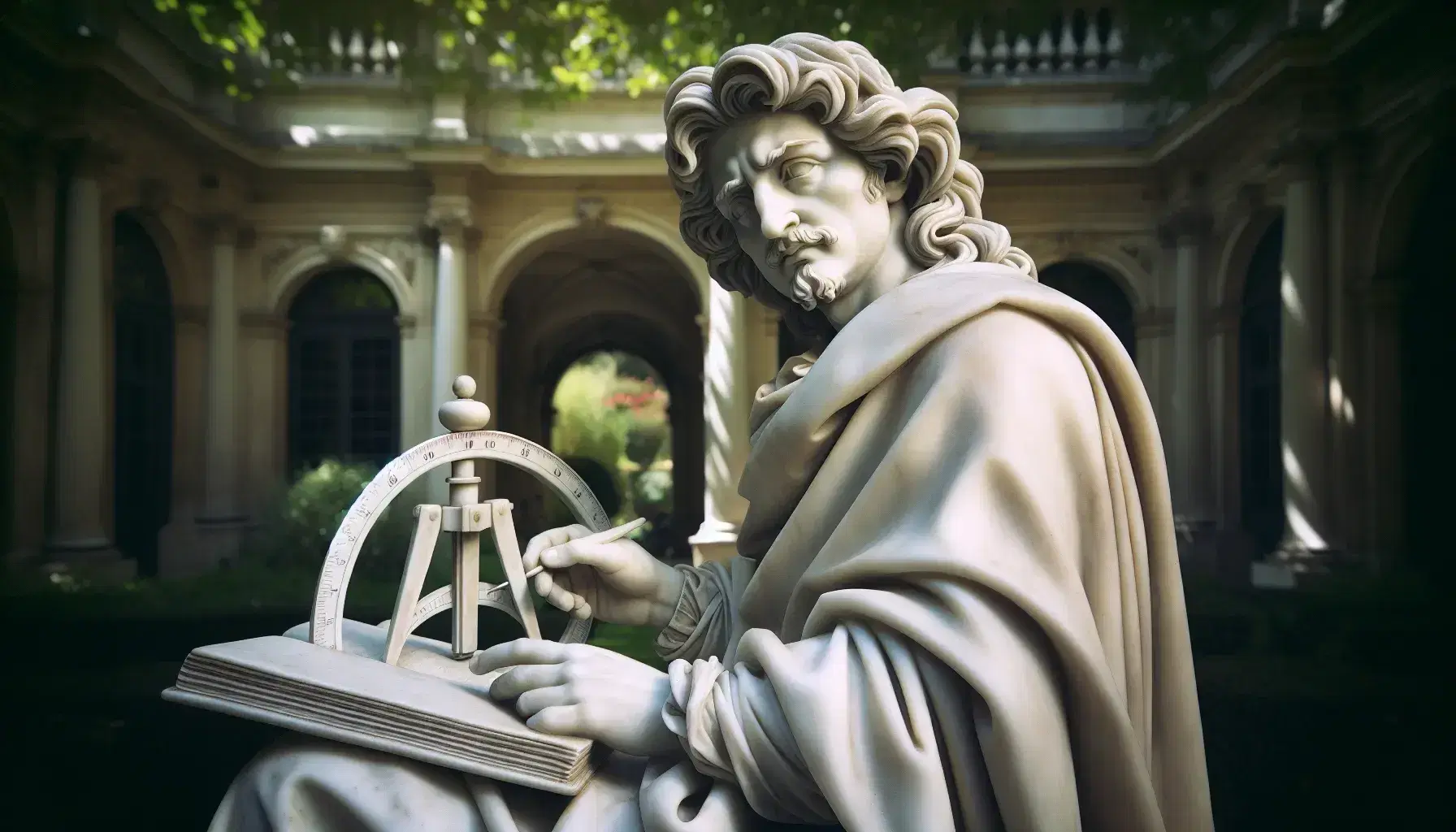 Escultura de mármol blanco de filósofo y matemático clásico con capa y libro, sosteniendo un compás, en un jardín académico desenfocado.